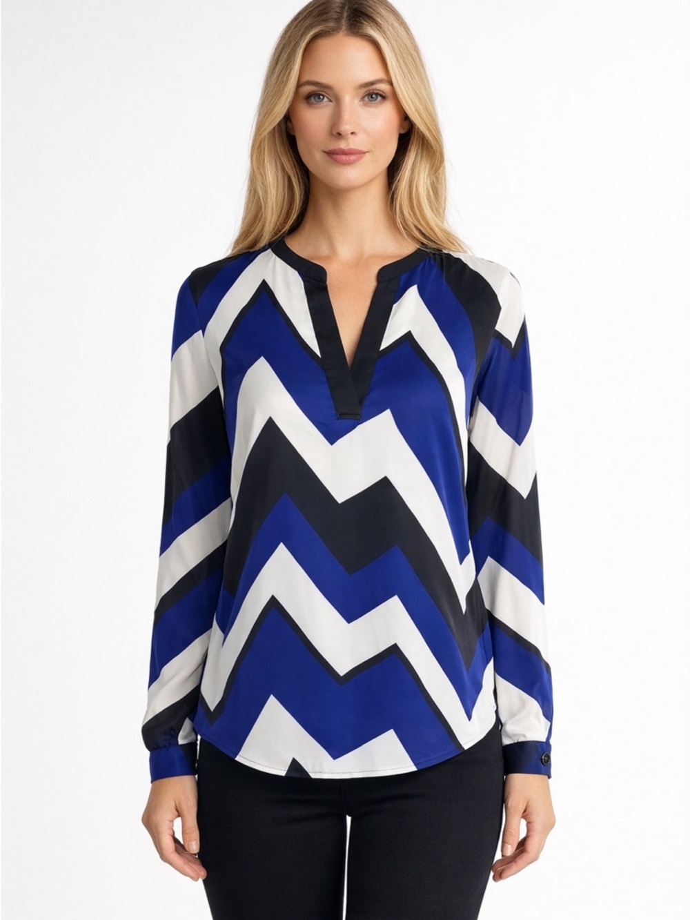 LAUREN Ralph Lauren Chevron Print V-Neck Blouse Long Sleeve Size Petite Medium